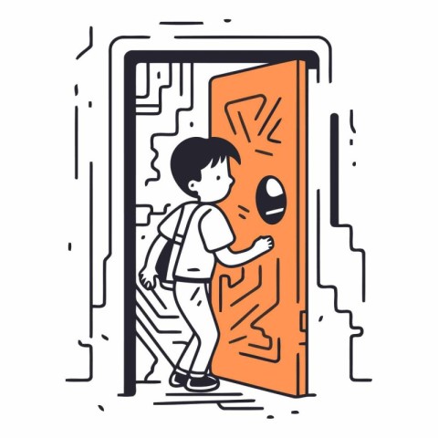 Cartoon illustration of boy opening the door and finding new way