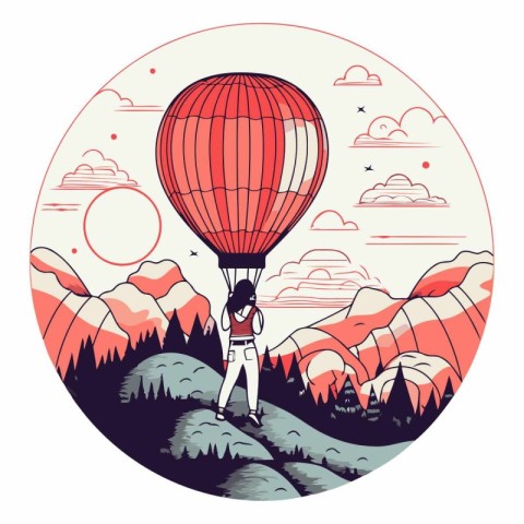 Vector illustration of a girl in a red hot air balloon in the mo