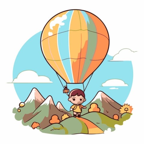 Little boy flying in a hot air balloon over mountains.