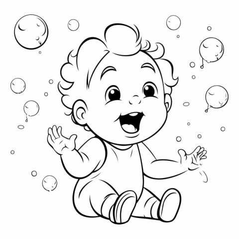 Cute baby boy playing with bubbles. Coloring book for children.