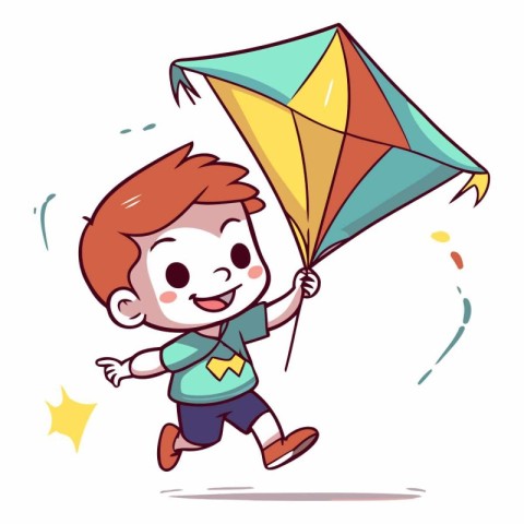 Cute boy flying a kite in cartoon style.