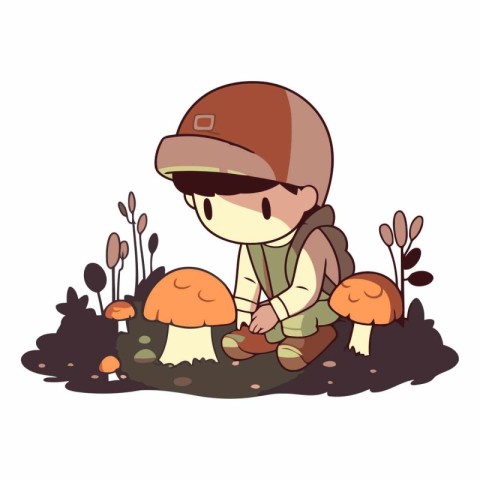 Boy picking mushrooms in the garden. Cute cartoon vector illustr