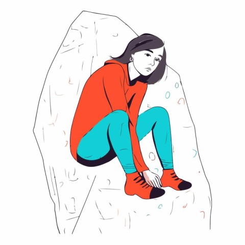 Vector illustration of a girl sitting on the edge of a cliff.