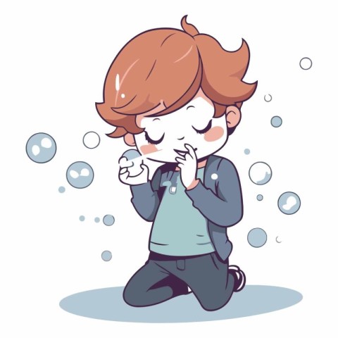 Illustration of a little boy blowing soap bubbles on a white bac