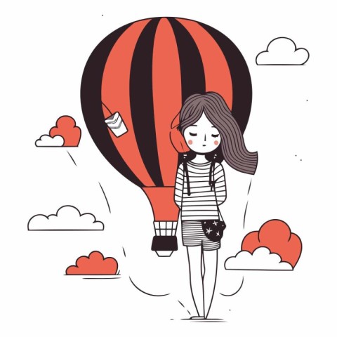 Girl flying on hot air balloon. Cute cartoon vector illustration