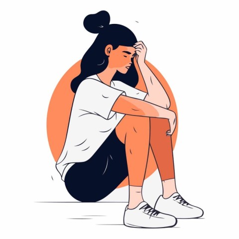 Sad girl sitting on the floor in cartoon style.