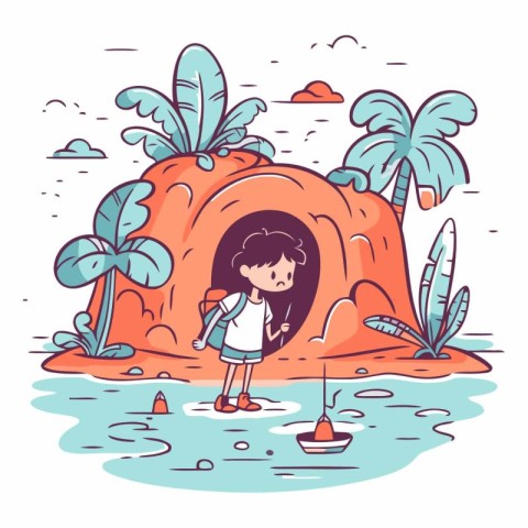 Vector illustration of a little boy in a tunnel on the island.