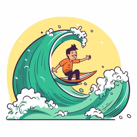 Cartoon character of a man riding a wave.