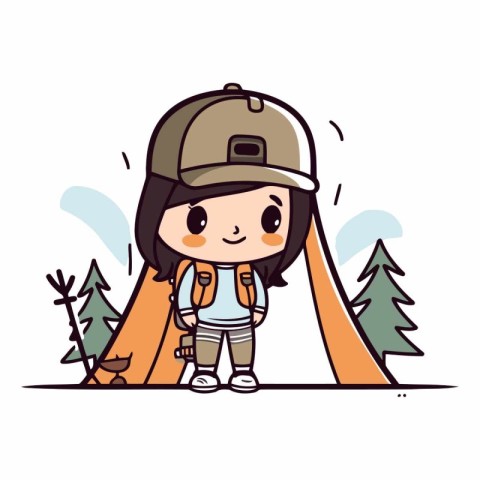 Illustration of a Cute Little Girl Hiking in the Forest