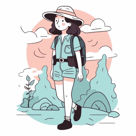 Vector illustration of a girl in a hat with a backpack on the ba