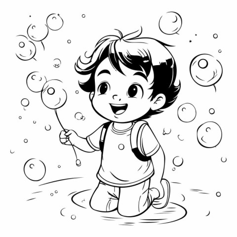 Boy playing with soap bubbles. Black and white vector illustrati