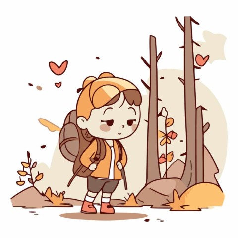 Vector illustration of a little girl with a backpack hiking in t