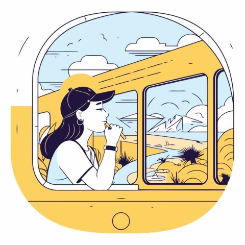 Vector illustration of a young woman in the window of a train.