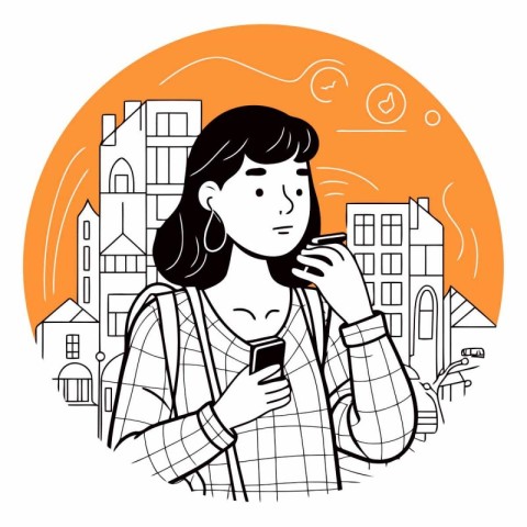 Vector illustration of a young woman using mobile phone in the c