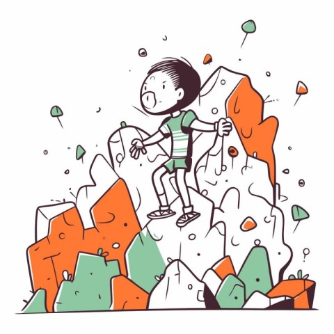 Climber on the cliff. Vector hand drawn cartoon illustration.