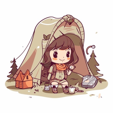 Cute little girl camping with tent and cup of coffee.