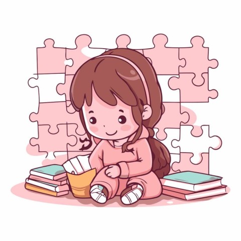 Illustration of a Cute Little Girl Sitting Next to a Jigsaw Puzz