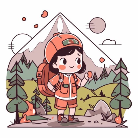 Cute little girl hiking in the mountains in cartoon style.