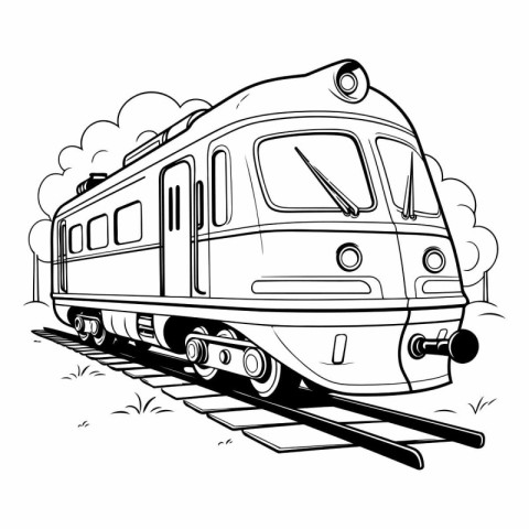 Train on the rails in black and white colors.