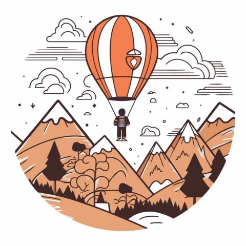 Vector illustration of hot air balloon in the mountains. Linear