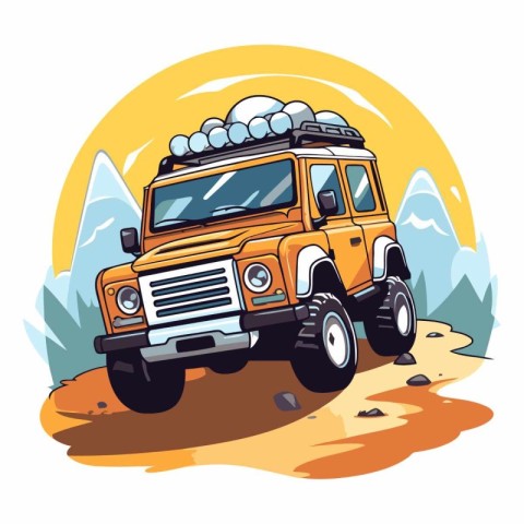 Off-road vehicle in the mountains. Cartoon style vector illustra