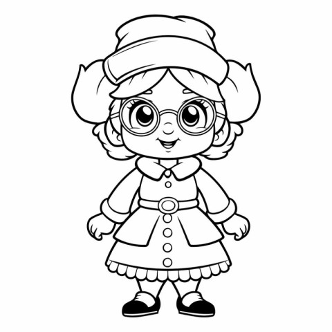 Coloring Page Outline Of cartoon little girl wearing a hat and g