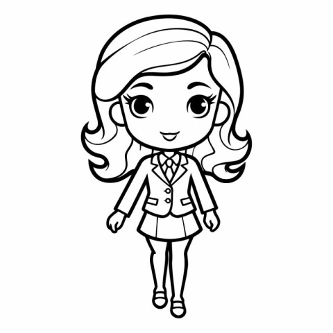 Black and White Cartoon Illustration of Cute Little Schoolgirl C