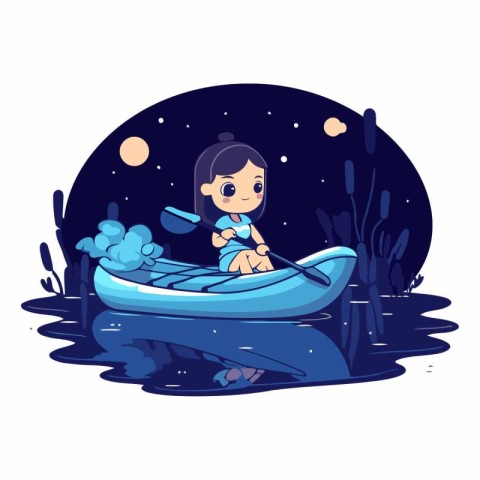 Cute cartoon girl in a kayak on the lake.