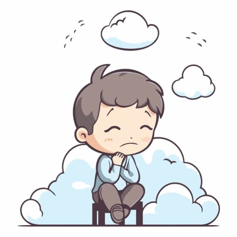 Sad boy sitting on the chair with clouds and thought bubble vect