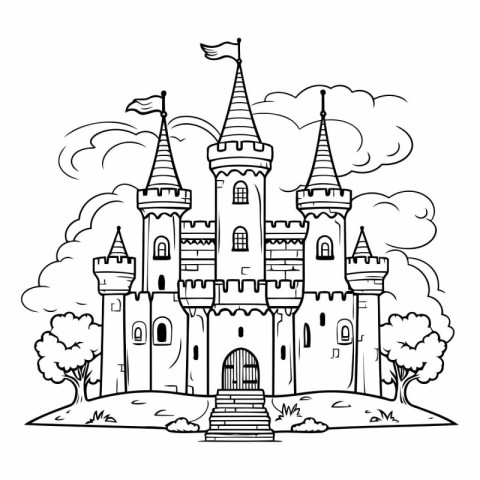 Fairytale castle. Fairytale castle. Black and white vector illus