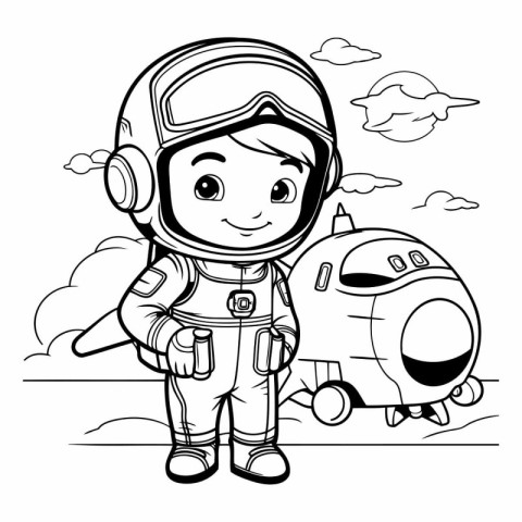 Cute little girl in space suit and helmet. Coloring book