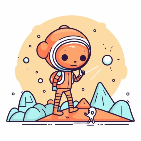 Cute little astronaut in outer space in cartoon style.