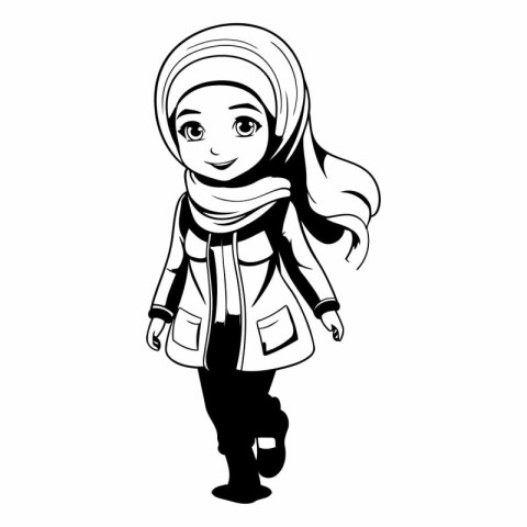 cute little muslim girl in winter clothes cartoon vector illustr