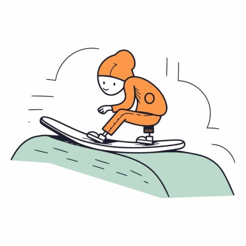 Cartoon snowboarder on a surfboard.