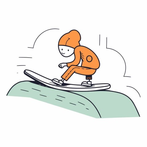 Cartoon snowboarder on a surfboard.