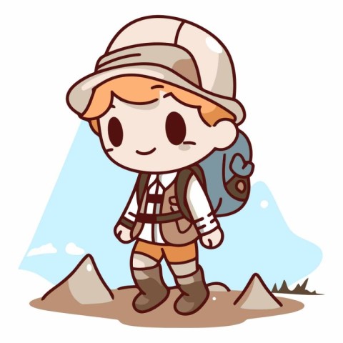 Illustration of a Cute Boy Hiking in the Mountains.