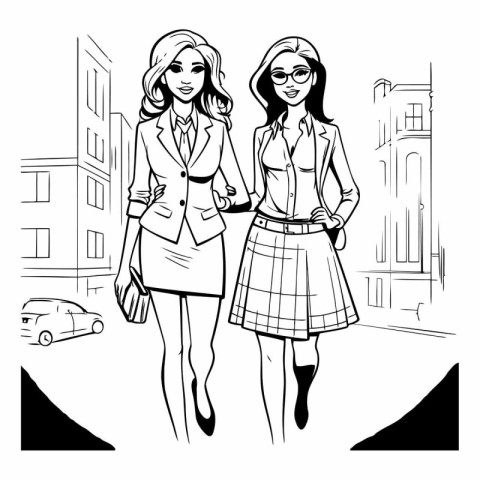 Beautiful young women walking in the city. Black and white vecto