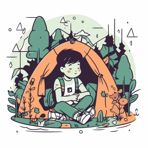 Cute boy sitting in a tent in the forest