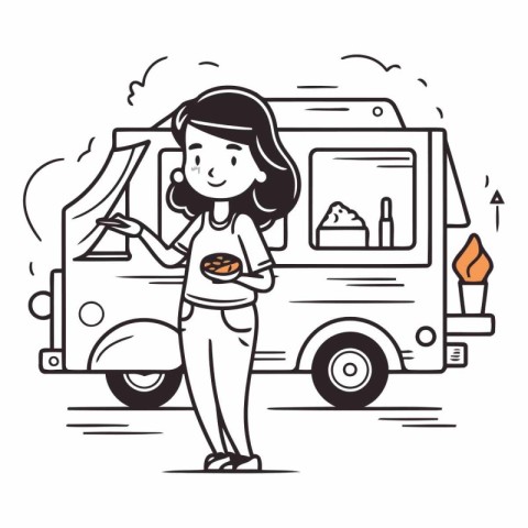 Vector illustration of a woman eating hot dog in front of a van