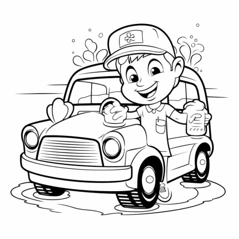 Black and White Cartoon Illustration of Kid Boy Driving a Car fo