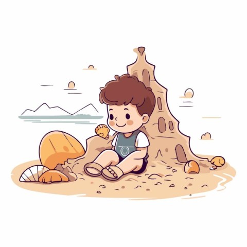 Cute boy playing in sand of a cartoon character.