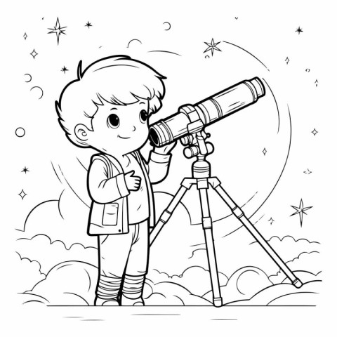 Cute little boy looking through a telescope for coloring book.