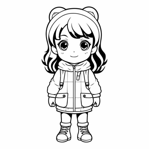 Cute little girl in winter clothes for coloring book