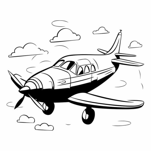 Airplane flying in the sky. Black and white vector illustration.