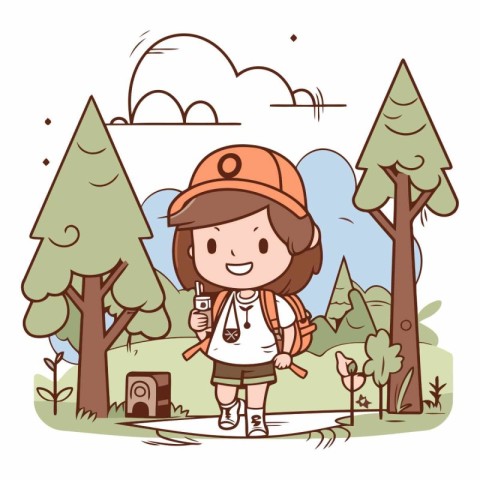 Cute little girl with backpack hiking in the forest.