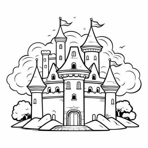 Castle. Fairy tale. Black and white vector illustration for colo