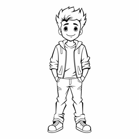 Vector illustration of a boy in a jacket and jeans on a white ba