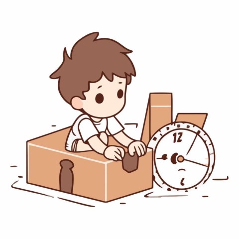 Illustration of a Kid Boy Opening a Carton Box with Clock