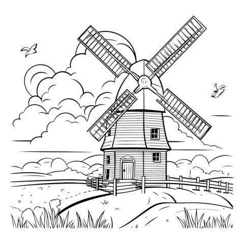 Windmill in the field. Black and white vector illustration for c