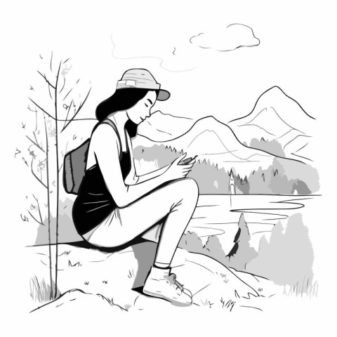 Young woman sitting on a rock by the lake and looking at the pho